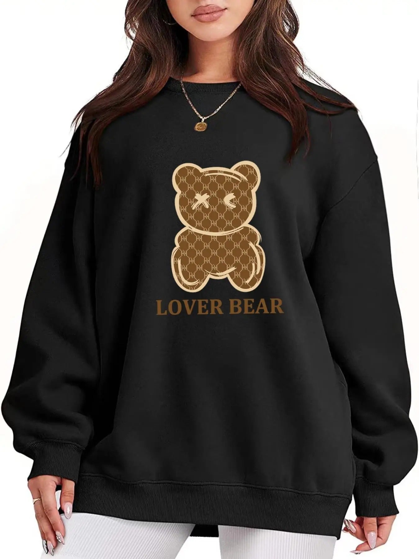 Women's Cartoon Bear Print Drop Shoulder Pullover, Fashion Casual Crew Neck Sweatshirt for Daily Holiday Outdoor Wear,...