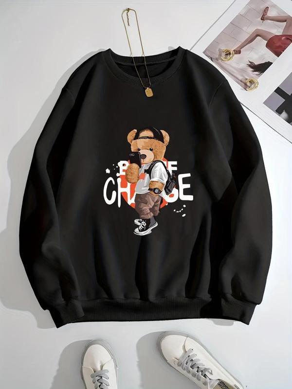 Women's Cartoon Bear Print Drop Shoulder Pullover, Fashion Casual Crew Neck Sweatshirt for Daily Holiday Outdoor Wear,...