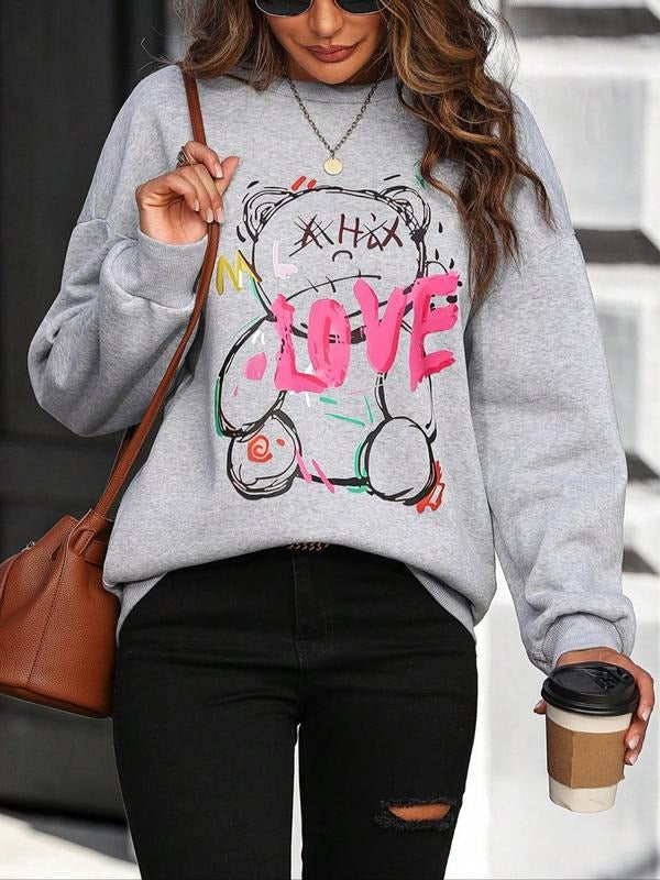 Women's Cartoon Bear Print Drop Shoulder Sweatshirt, Casual Long-Sleeve Round Neck Pullover For Fall & Winter, Women's...