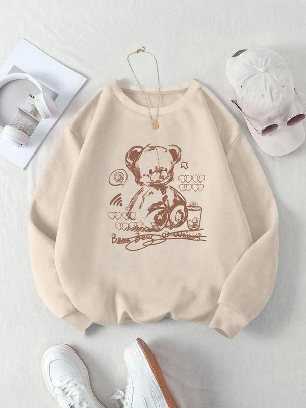 Cartoon Bear Print Drop Shoulder Casual Long Sleeve Round Neck Daily Clothes All Seasons T-Shirts, Hoodie, Sweatshirt
