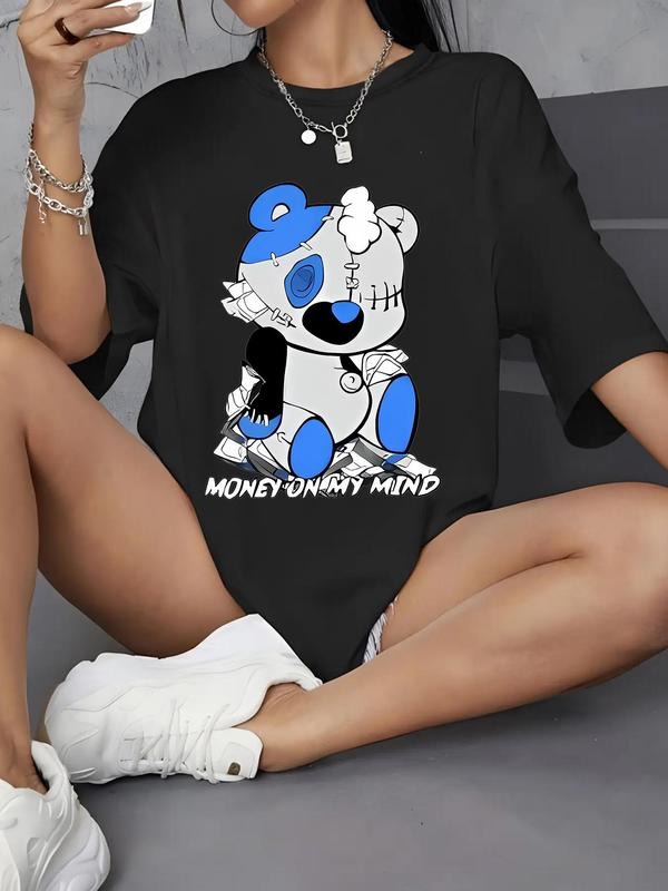 Women's Cartoon Bear Print Drop Shoulder Tee, Fashion Casual Round Neck Half Sleeve T-Shirt for Daily Wear, Ladies...