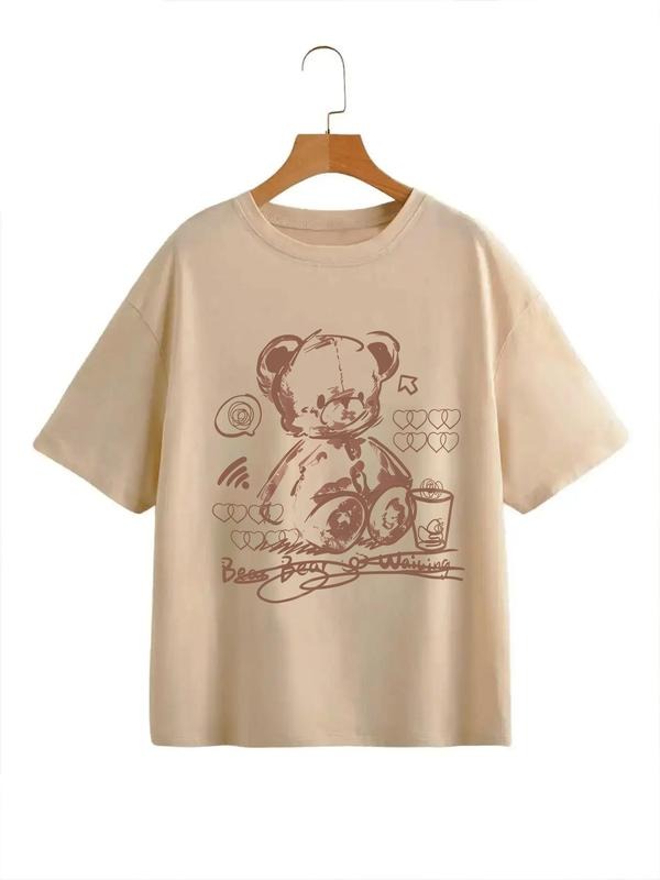 Cartoon Bear Print Round Neck Drop Shoulder Cute Casual Short Sleeve Daily Clothes All Seasons T-Shirts, Hoodie, Sweatshirt