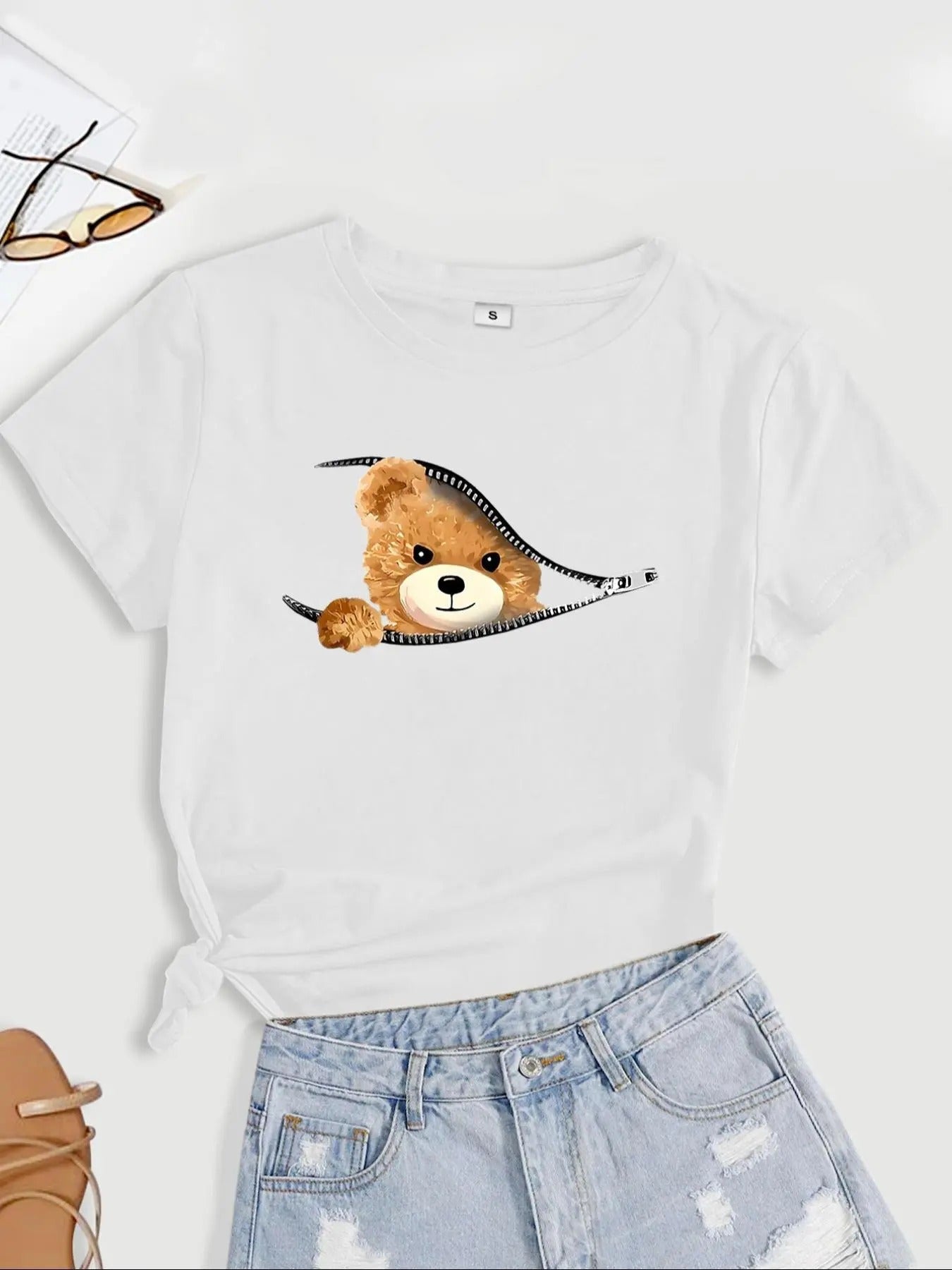 Women's Cartoon Bear Print Round Neck Short Sleeve Tee, Casual Crew Neck T-Shirt for Daily Wear, Ladies Clothes for All...