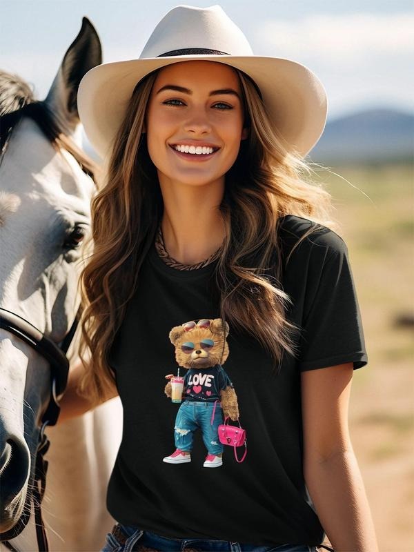 Women's Cartoon Bear Print Round Neck Tee, Casual Short Sleeve Graphic T-shirt, Ladies All Seasons Outfit for Daily Wear...