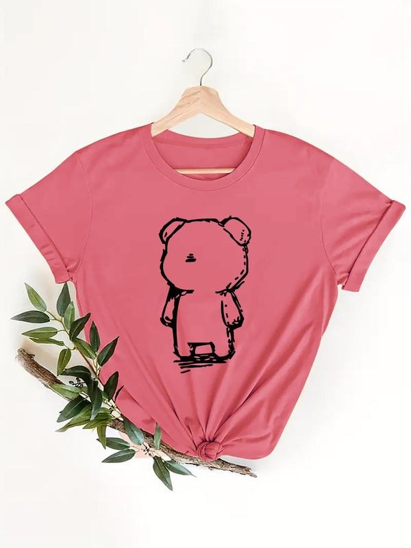 Women's Cartoon Bear Print Round Neck Tee, Cute Short Sleeve Crew Neck T-Shirt for Summer, Fashion Casual Women's Top for...