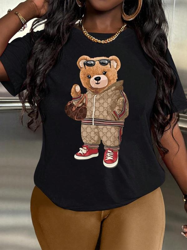Women's Cartoon Bear Print Round Neck Tee, Fashion Casual Crew Neck Short Sleeve T-Shirt for Daily Holiday Vacation...
