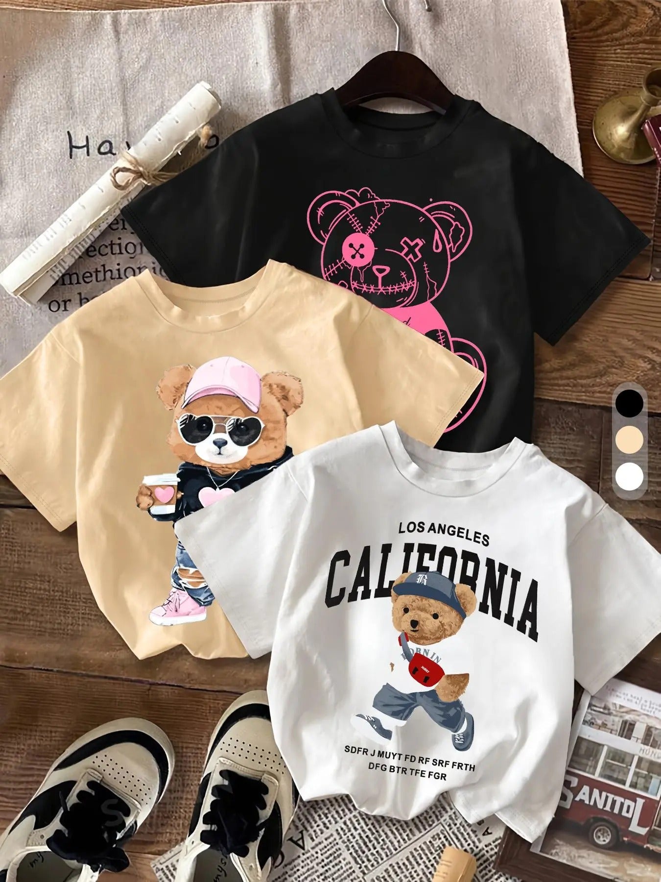 Women's Cartoon Bear Print Round Neck Tee, Fashion Casual Crew Neck Short Sleeve T-shirt for Daily Holiday Vacation...