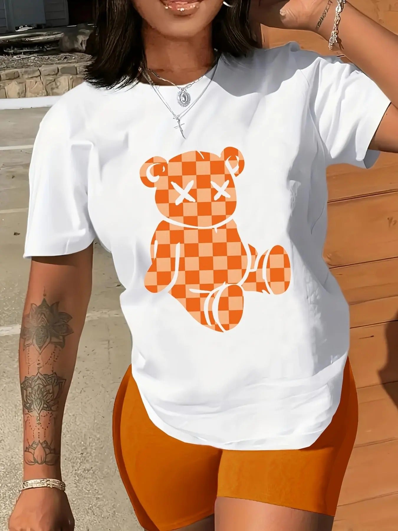 Women's Cartoon Bear Print Round Neck Tee, Fashion Casual Crew Neck Short Sleeve T-shirt for Daily Holiday Vacation...