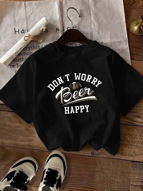 Women's Cartoon Beer & Letter Print Round Neck Tee, Fashion Casual Crew Neck Short Sleeve T-Shirt for Daily Holiday...