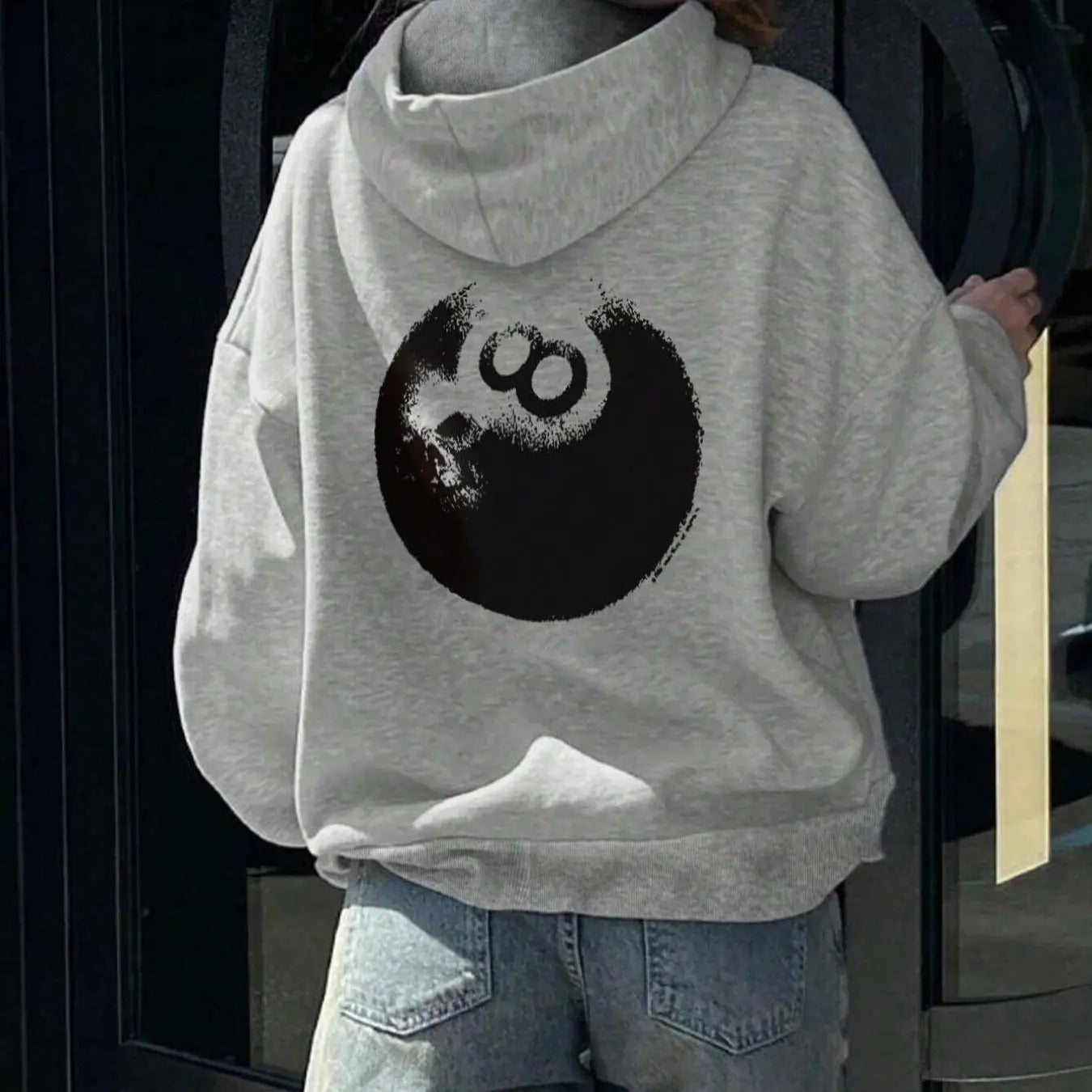 Cartoon Billiards Print Drop Shoulder Casual Drawstring Pocket Hooded Daily Outdoor Fall & Winter T-Shirts, Hoodie, Sweatshirt
