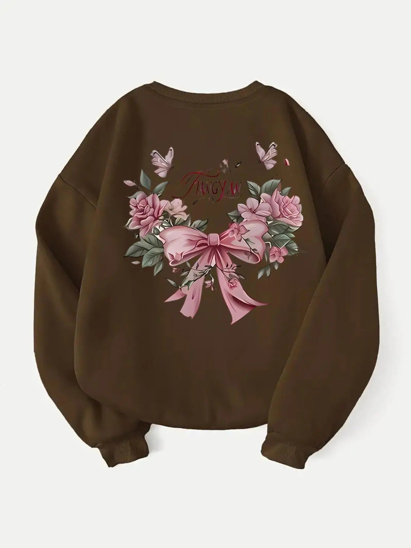 Women's Cartoon Bow & Plants Print Crew Neck Pullover, Fashion Casual Sweatshirt for Daily Holiday Outdoor Wear, Women...