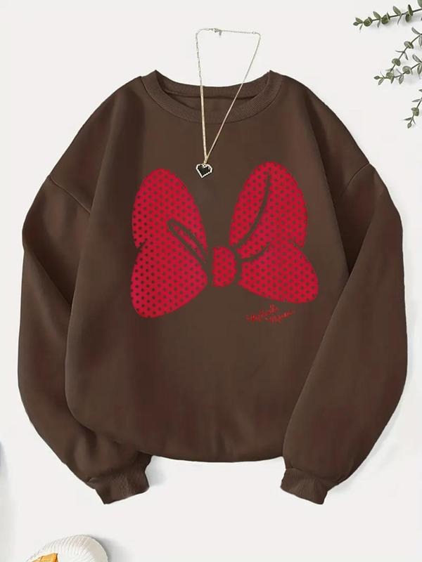 Women's Cartoon Bow Print Crew Neck Pullover, Fashion Casual Sweatshirt for Daily Holiday Outdoor Wear, Women Clothing...