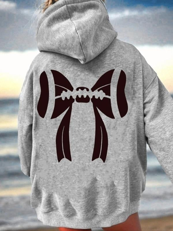 Women's Cartoon Bow Print Drop Shoulder Hoodie, Fashion Casual Drawstring Pocket Hooded Sweatshirt for Daily Holiday...