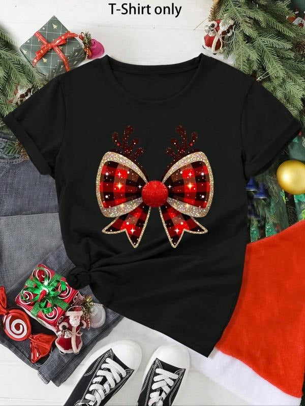 Women's Cartoon Bow Print Round Neck Tee, Casual Short Sleeve Crew Neck T-Shirt for Summer, Fashion Women's Top for Daily...