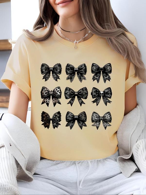 Women's Cartoon Bow Print Round Neck Tee, Fashion Casual Short Sleeve T-shirt for Daily Wear, Ladies Clothes for All...