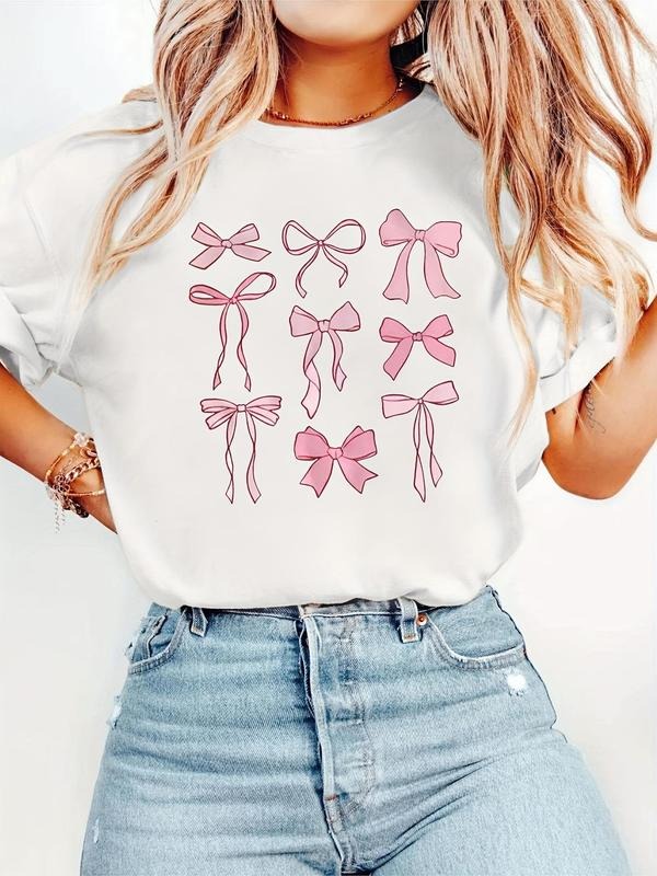 Women's Cartoon Bow Print Round Neck Tee, Fashion Casual Short Sleeve T-shirt for Daily Wear, Ladies Summer Clothes, Top...
