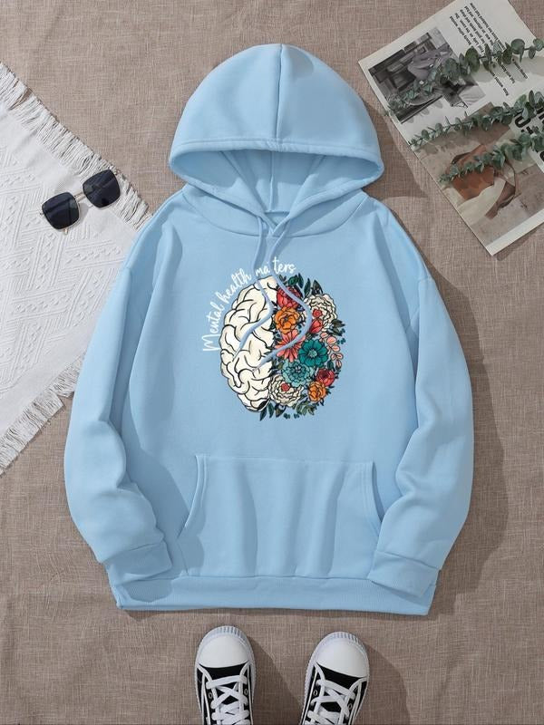 Women's Cartoon Brain & Flower Print Hoodie, Fashion Casual Hooded Sweatshirt for Daily Holiday Outdoor Wear, Women...