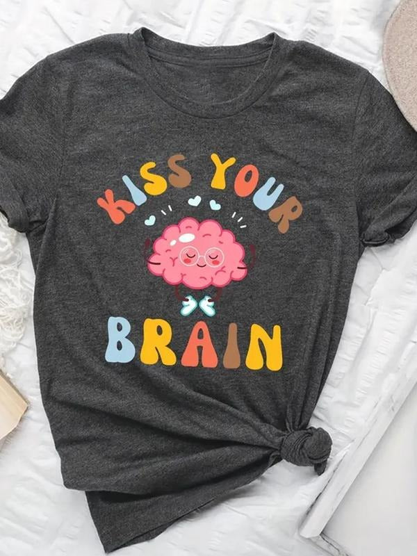 Women's Cartoon Brain & Letter Print Round Neck Graphic Tee, Vintage Trendy Casual Short Sleeve T-shirt for Daily Wear,...
