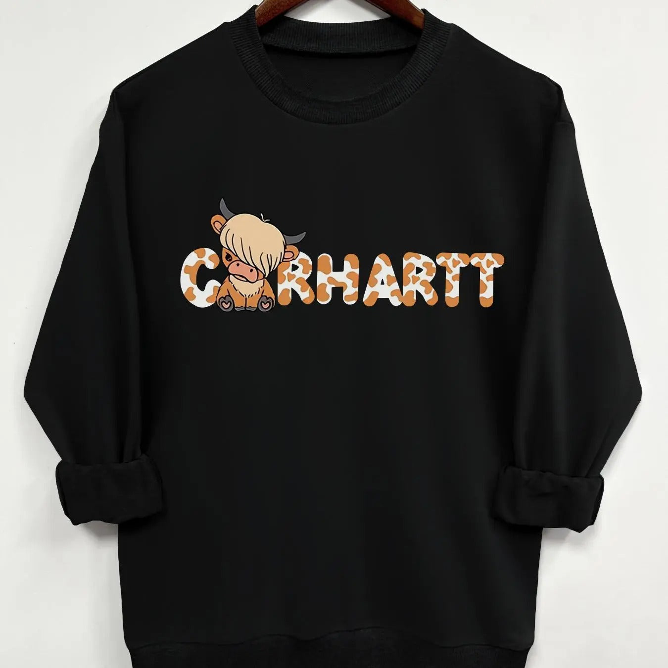 Women's Cartoon Bull & Letter Print Crew Neck Sweatshirt, Casual Drop Shoulder Long Sleeve Pullover, Women's Fall &...