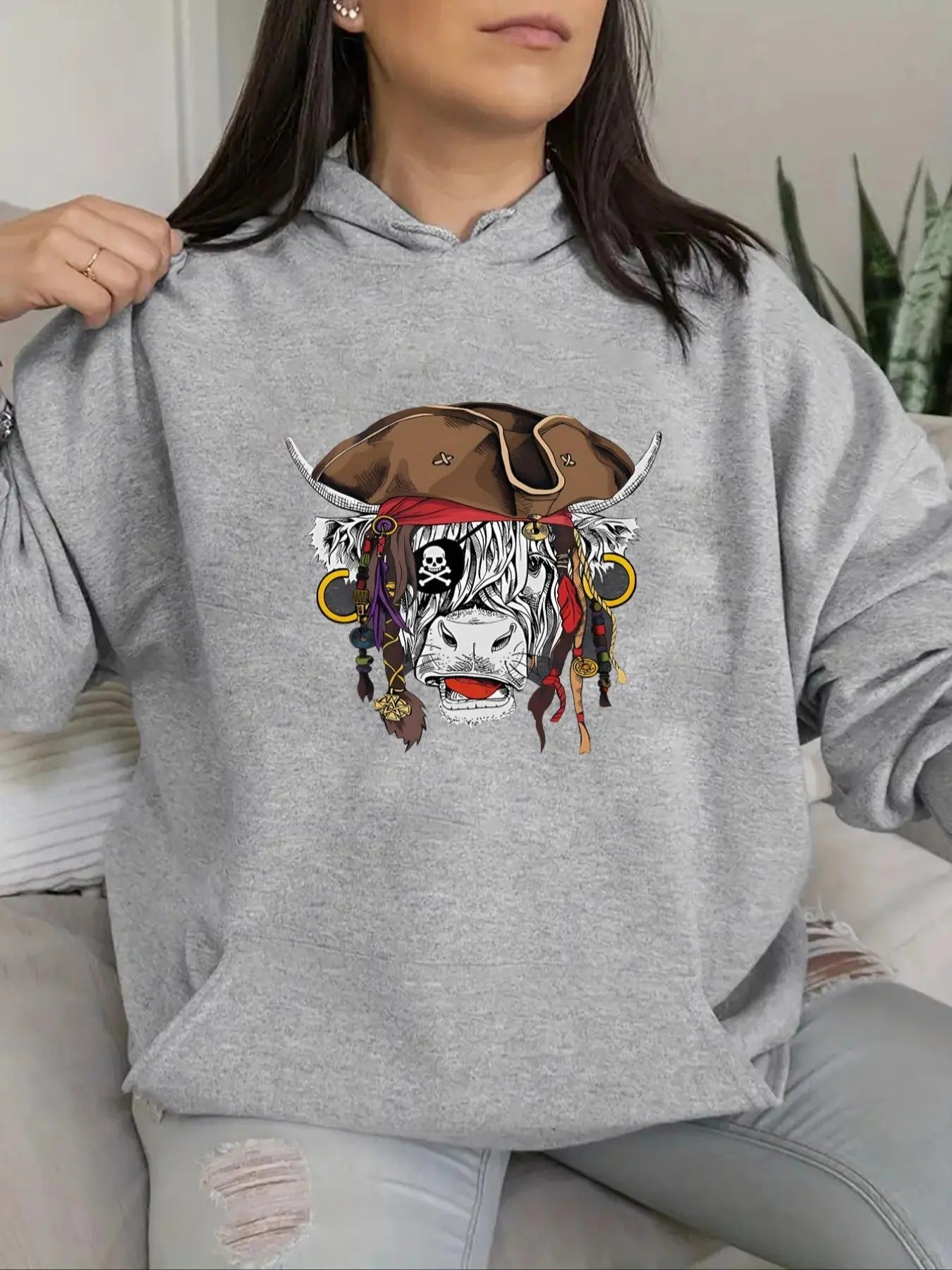 Women's Cartoon Bull Print Drawstring Pocket Hoodie, Casual Drop Shoulder Long Sleeve Hooded Sweatshirt, Lady Fall &...
