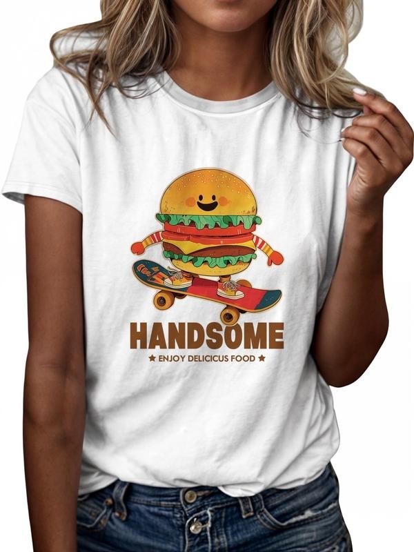 Women's Cartoon Burger & Letter Print Round Neck Tee, Casual Short Sleeve Graphic T-shirt, Women's Top for Summer Daily...