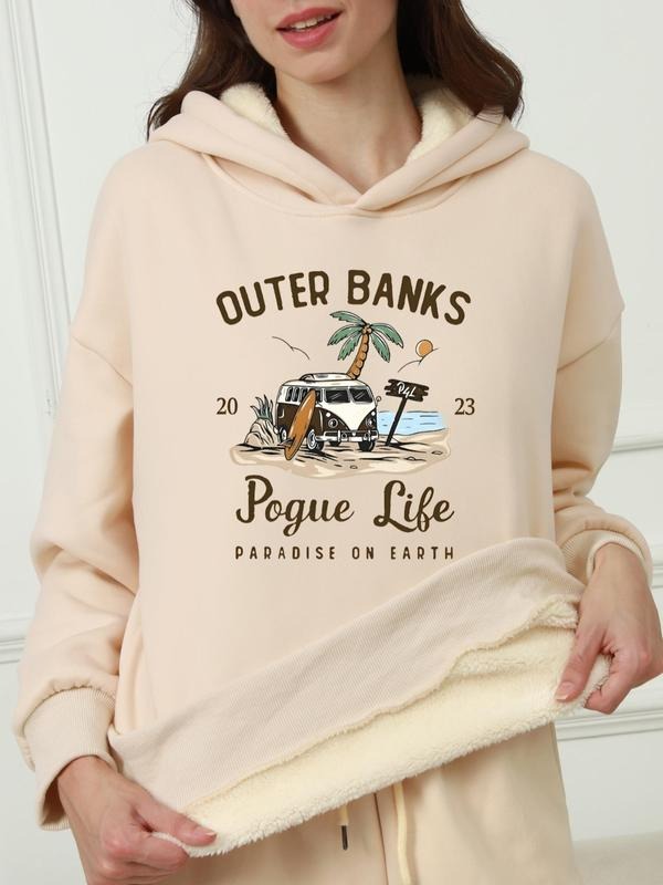 Women's Cartoon Bus & Letter Print Drop Shoulder Fleece Hoodie, Fashion Casual Hooded Sweatshirt for Daily Holiday...