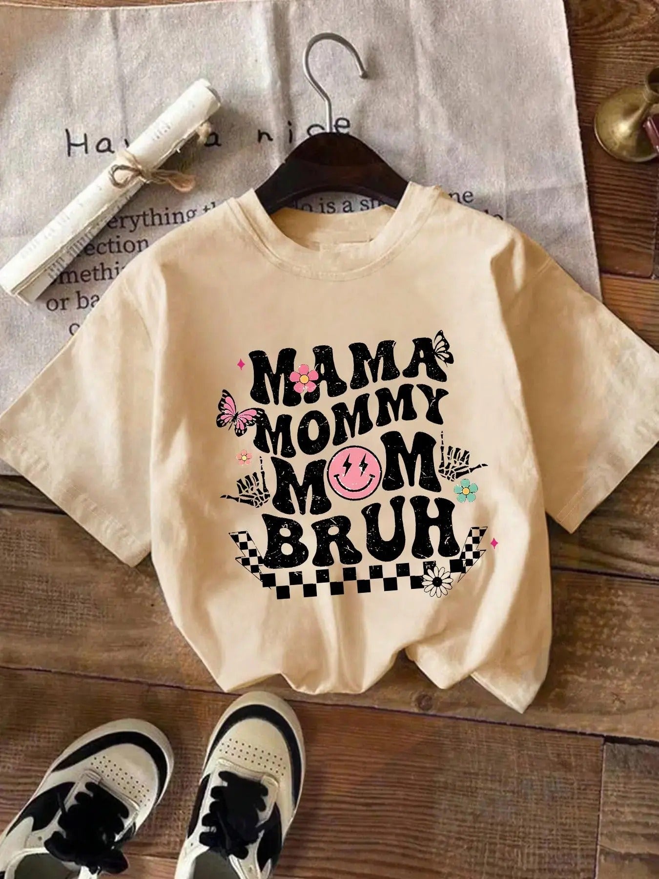 Women's Cartoon Butterfly & Letter Print Round Neck Tee, Fashion Casual Drop Shoulder Half Sleeve T-shirt for Daily Wear,...