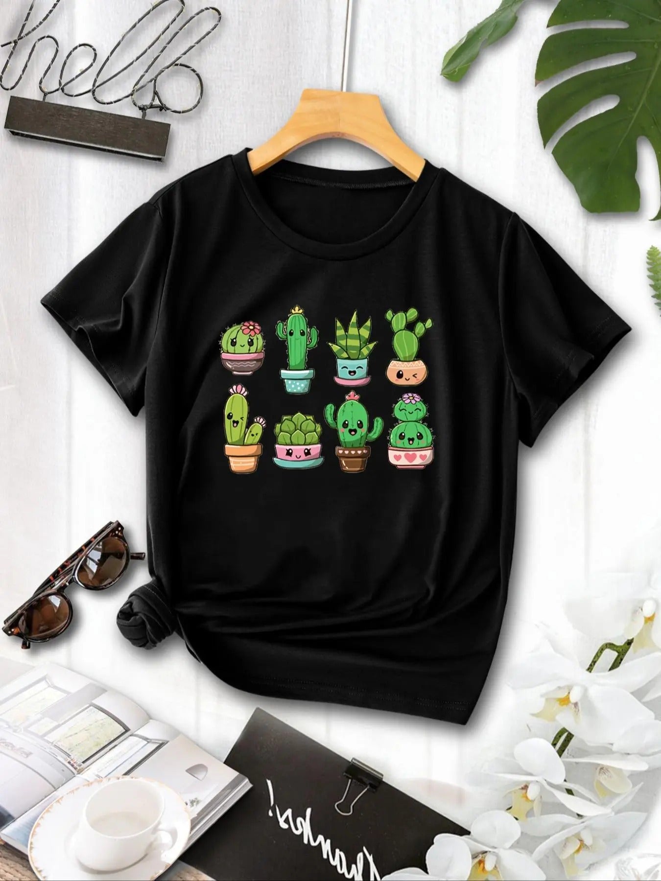 Women's Cartoon Cactus Print Round Neck Tee, Cute Crew Neck Short Sleeve T-Shirt for Summer, Ladies Clothes for Daily...