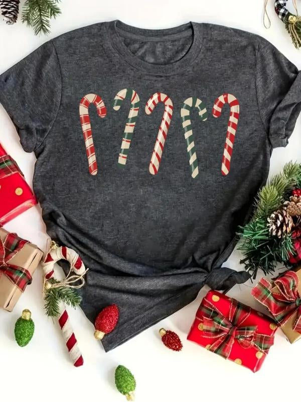 Women's Cartoon Candy Cane Print Round Neck Tee, Casual Short Sleeve Crew Neck T-shirt for All Seasons, Fashion Women's...