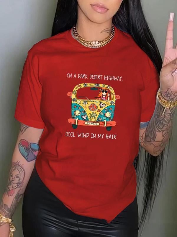 Women's Cartoon Car & Letter Print Round Neck Tee, Fashion Casual Short Sleeve T-shirt for Daily Wear, Ladies Summer...