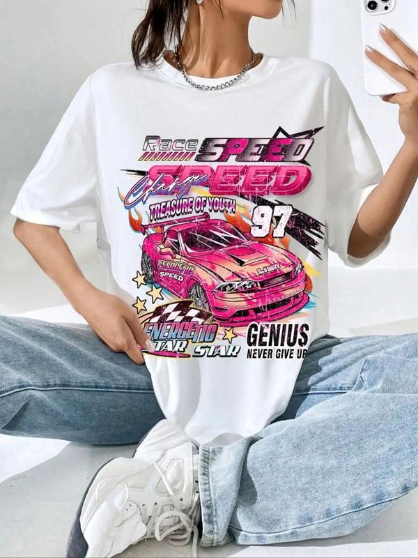 Women's Cartoon Car & Letter Print Round Neck Tee, Graphic Tees, Fashion Casual Crew Neck Drop Shoulder Half Sleeve...