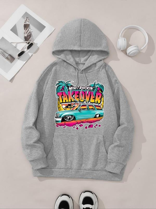 Women's Cartoon Car Graphic Print Drawstring Pocket Hoodie, Casual Drop Shoulder Long Sleeve Hooded Sweatshirt, Lady Fall...