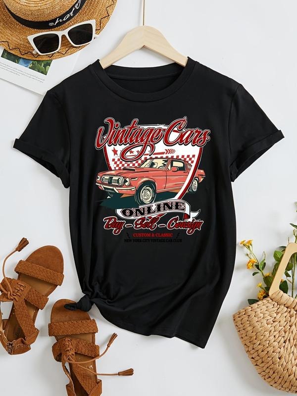 Women's Cartoon Car Graphic Print Round Neck Tee, Fashion Casual Short Sleeve T-shirt for Daily Wear, Ladies Summer...