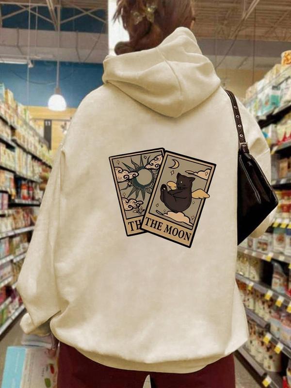 Women's Cartoon Card Print Drop Shoulder Hoodie, Trendy Drawstring Pocket Hooded Sweatshirt for Daily Holiday Outdoor...