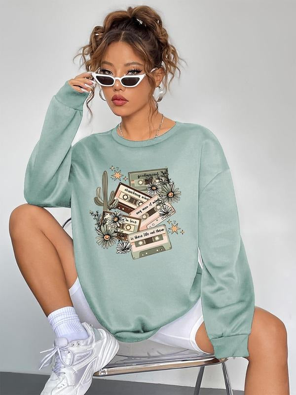 Women's Cartoon Cassette Tape Print Drop Shoulder Plush Sweatshirt, Casual Floral & Cactus Print Long Sleeve Round Neck...