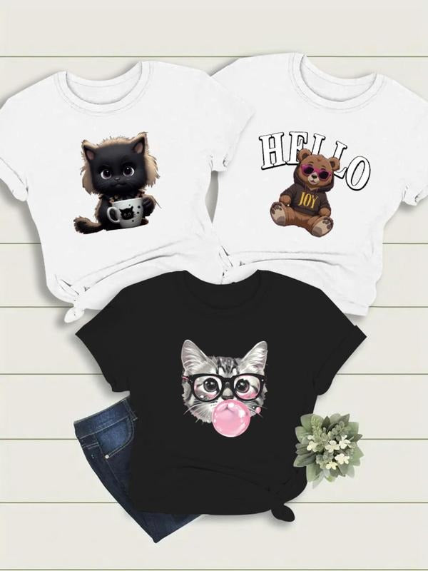 Women's Cartoon Cat & Bear & Letter Print Round Neck Tee, Cute Short Sleeve T-shirt for Daily Wear, Casual  Top for All...