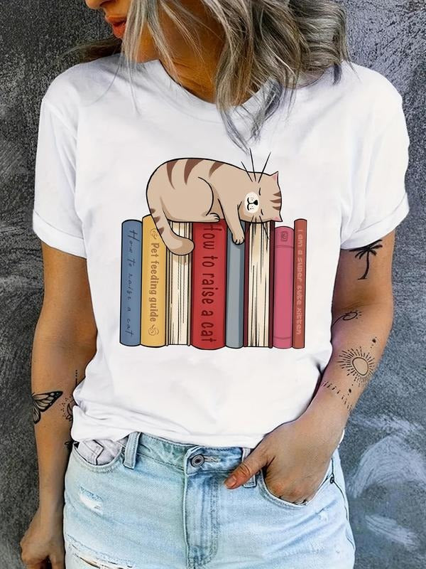 Women's Cartoon Cat & Book  Print Round Neck Tee, Casual Short Sleeve T-shirt for Daily Wear, Ladies Clothes for All...
