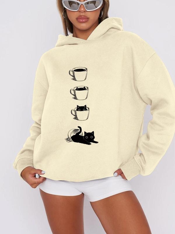 Women's Cartoon Cat & Cup Print Hoodie, Fashion Casual Drop Shoulder Long Sleeve Hooded Sweatshirt for Daily Holiday...