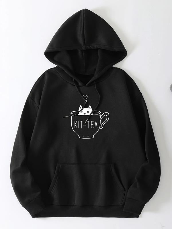 Women's Cartoon Cat & Heart Print Drop Shoulder Hoodie, Fashion Casual Drawstring Pocket Hooded Sweatshirt for Daily...