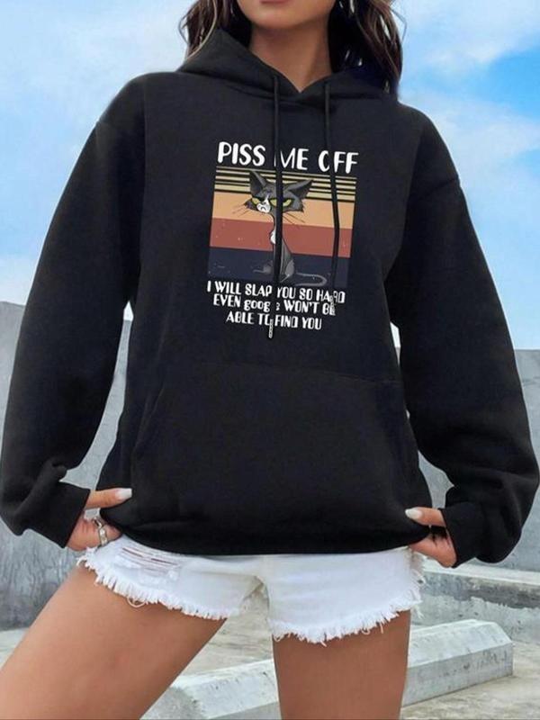Women's Cartoon Cat & Letter Print Drop Shoulder Hoodie, Fashion Casual Drawstring Kangaroo Pocket Hooded Sweatshirt for...