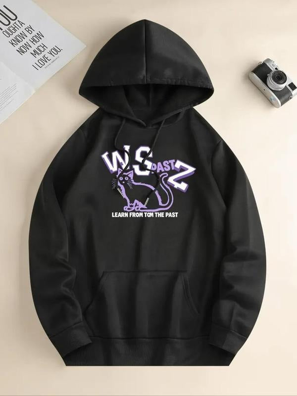 Women's Cartoon Cat & Letter Print Drop Shoulder Hoodie, Fashion Casual Drawstring Pocket Hooded Sweatshirt for Daily...