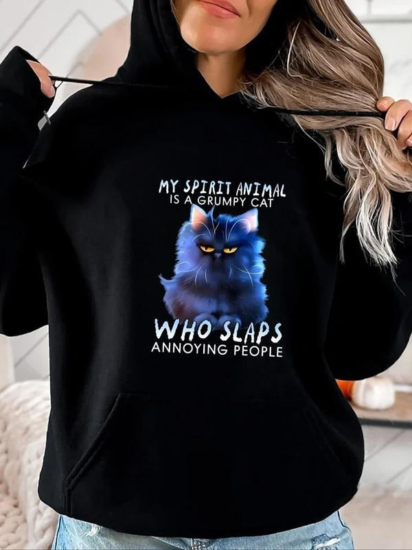 Women's Cartoon Cat & Letter Print Drop Shoulder Hoodie, Fashion Casual Drawstring Pocket Hooded Sweatshirt for Daily...