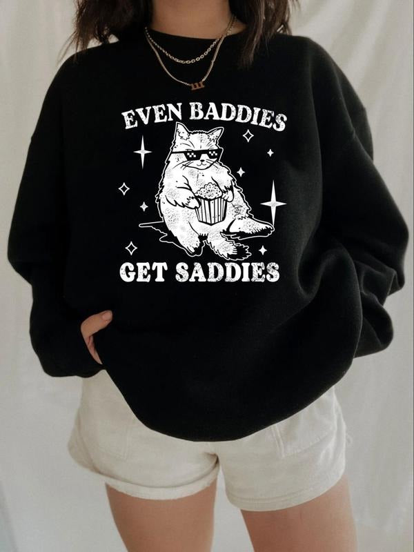 Women's Cartoon Cat & Letter Print Drop Shoulder Sweatshirt, Casual Long Sleeve Round Neck Pullover for Fall & Winter,...