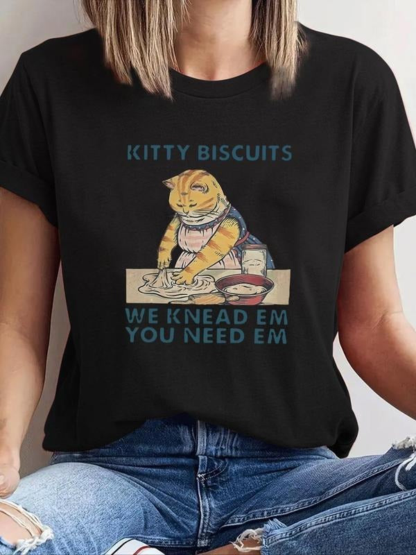 Women's Cartoon Cat & Letter Print Round Neck Graphic Tee, Vintage Trendy Casual Short Sleeve T-shirt for Daily Wear,...