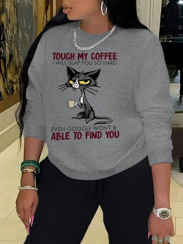 Women's Cartoon Cat & Letter Print Round Neck Sweatshirt, Casual Long Sleeve Pullover, Women's Fall & Winter Clothes for...