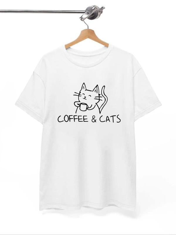 Women's Cartoon Cat & Letter Print Round Neck Tee, Casual Cute Short Sleeve T-shirt, Ladies Clothes Hoodie, Sweatshirt
