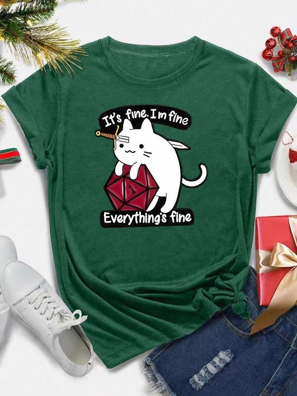 Women's Cartoon Cat & Letter Print Round Neck Tee, Casual Short Sleeve Crew Neck T-Shirt for All Seasons, Fashion Women's...