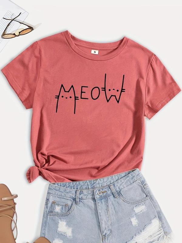 Women's Cartoon Cat & Letter Print Round Neck Tee, Casual Short Sleeve T-Shirt for Summer, Women's Top for Daily Wear...