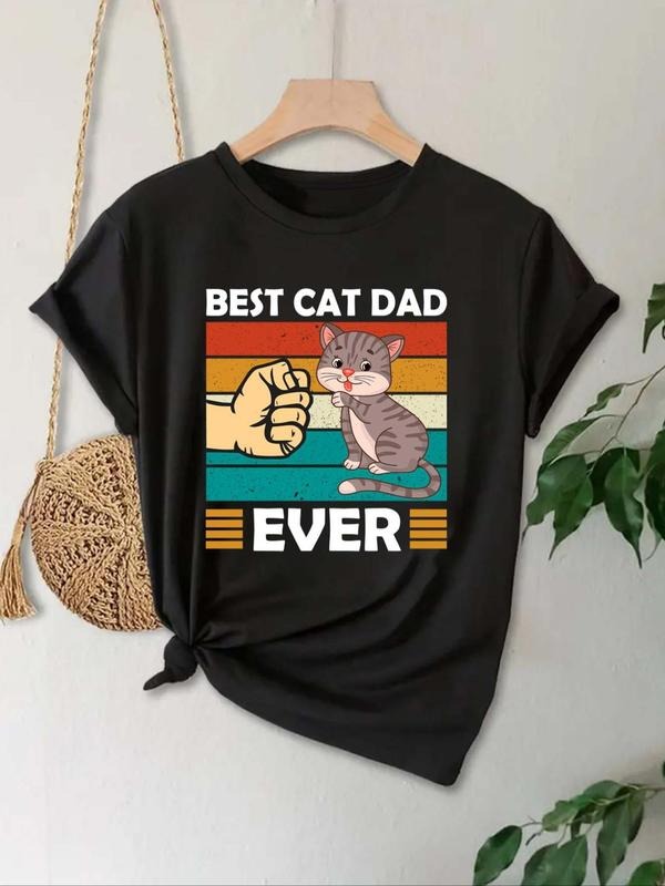 Women's Cartoon Cat & Letter Print Round Neck Tee, Casual Short Sleeve T-shirt for Daily Wear, Ladies Summer Outfit...