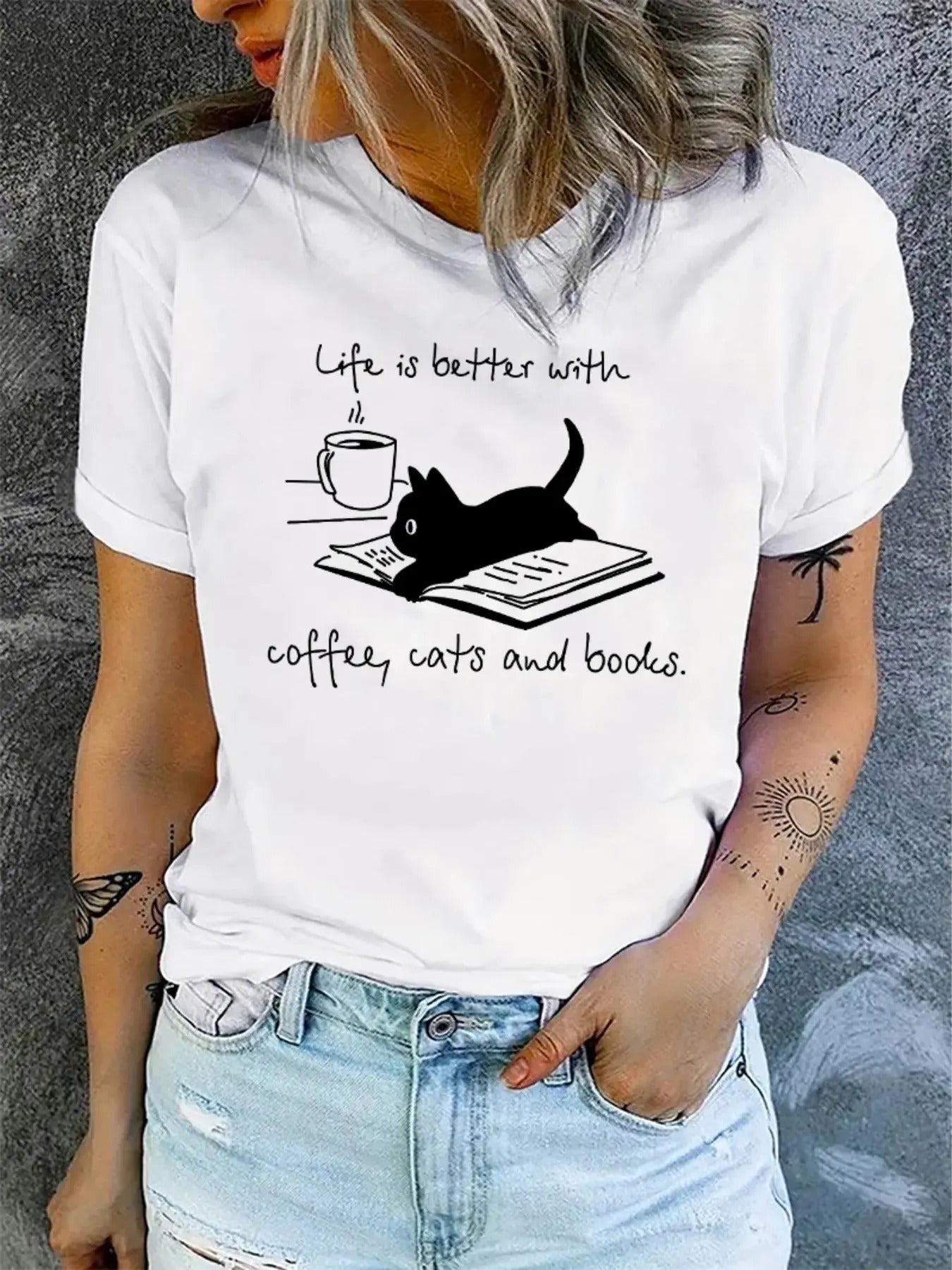 Women's Cartoon Cat & Letter Print Round Neck Tee, Cute Fashion Casual Crew Neck T-shirt for Daily Holiday Vacation...